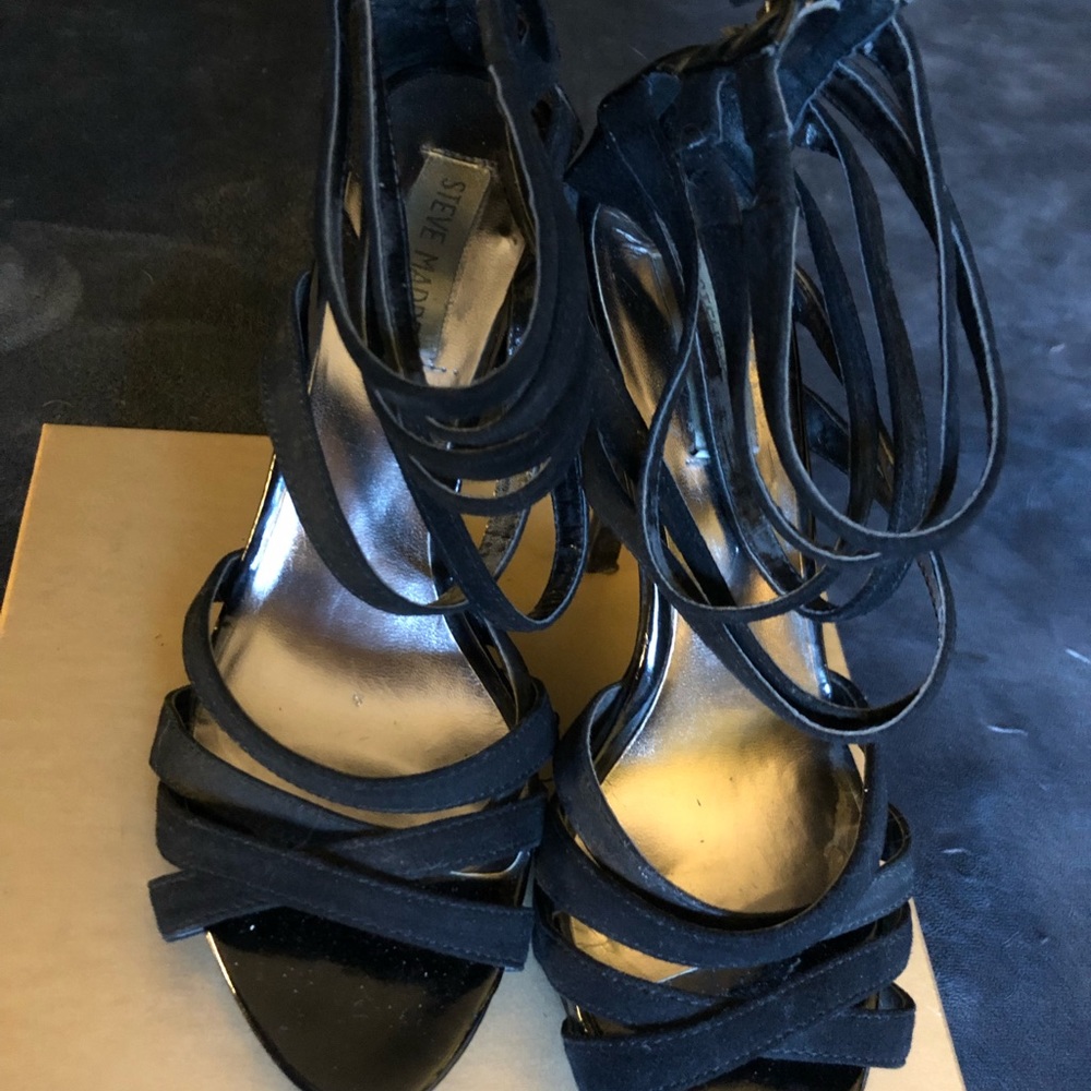 Steve Madden- black straps up to ankle with zipper back- size 8.5